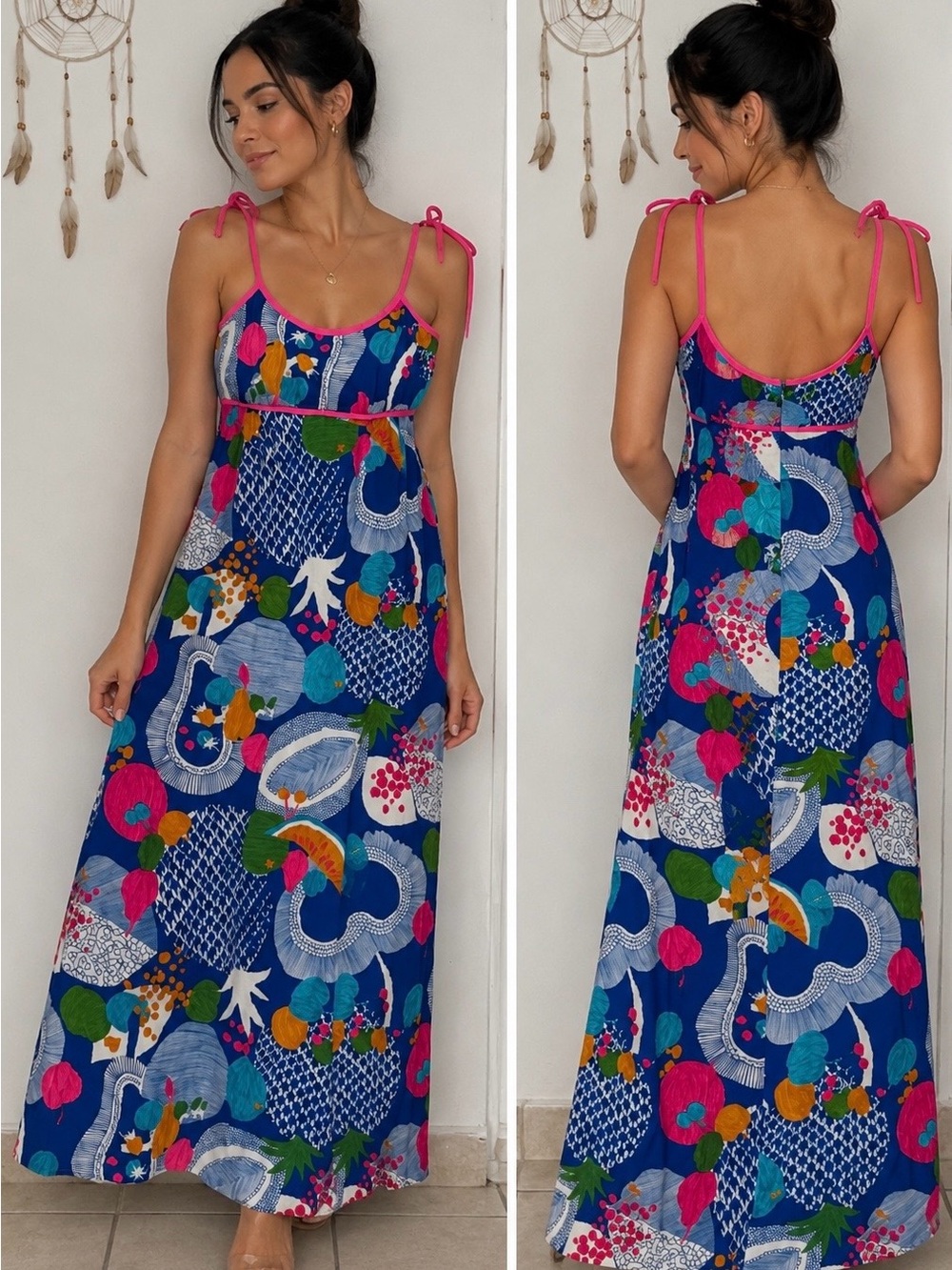 Vintage 90s Tori Richard Honolulu Tropical Hawaiian Maxi Dress Pink Blue